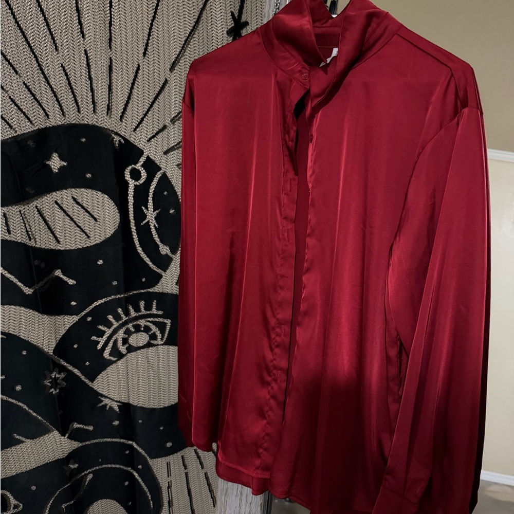Red satin button up shirt